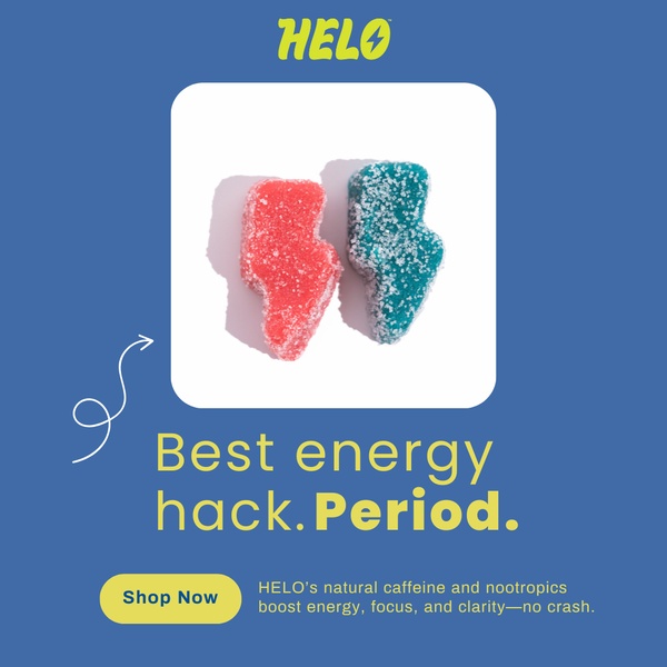 A clean, high-contrast square ad featuring two lightning-shaped supplement gummies against a bold blue background with direct, punchy copy.